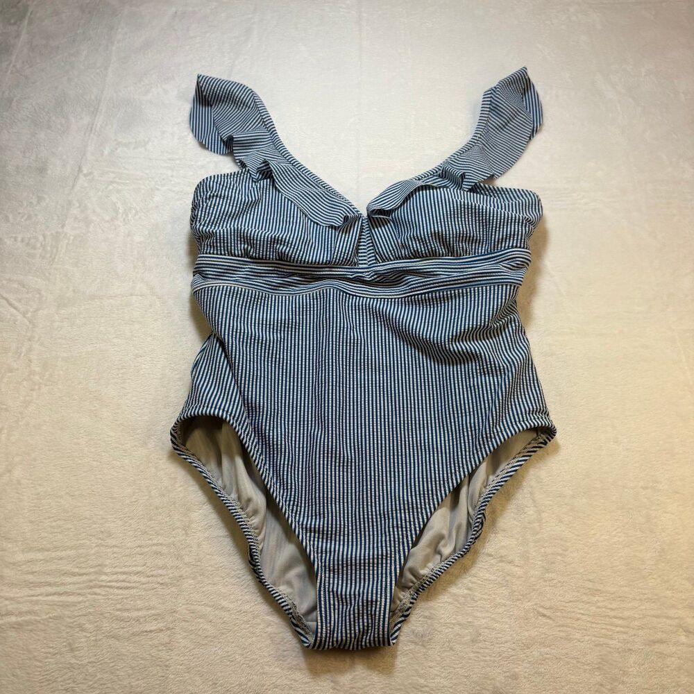 Time and Tru One Piece Swimsuit XL 16-18 Blue White Striped Ruffle Straps